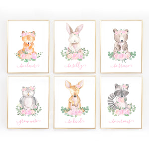 Woodland Nursery Wall Art Decor for Baby Girl - Pink and Mint Woodland Animals Girls 