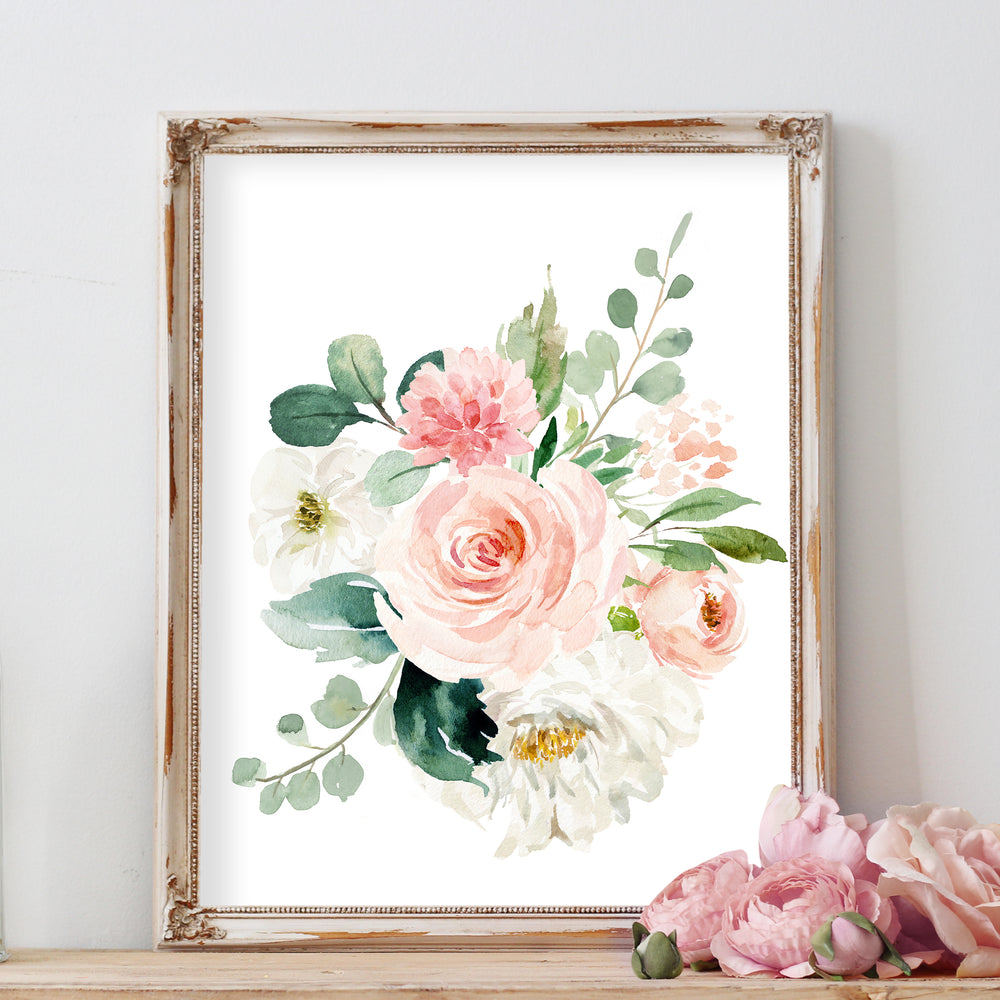 Blush and Mint Floral Nursery Wall Art Watercolor Painting for Baby Girl 