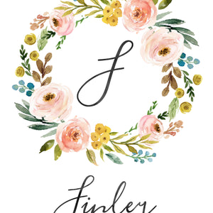 Meadowland Floral Monogram Wreath with Name - Personalized Printable