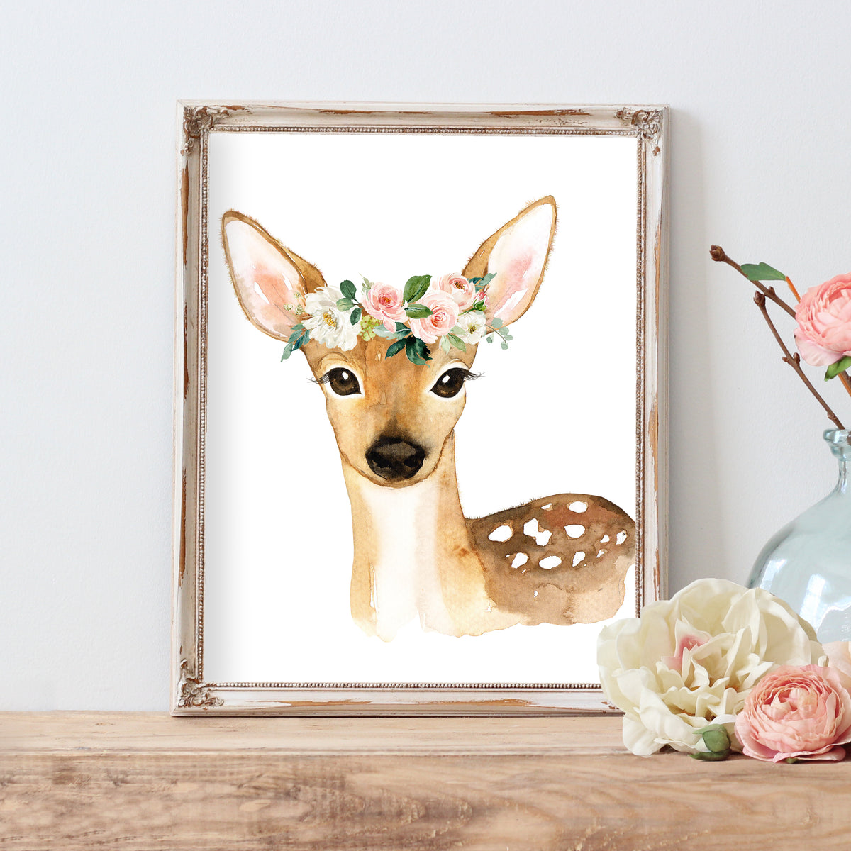 Woodland Nursery Art Girl - Watercolor Deer with Blush Pink Flowers