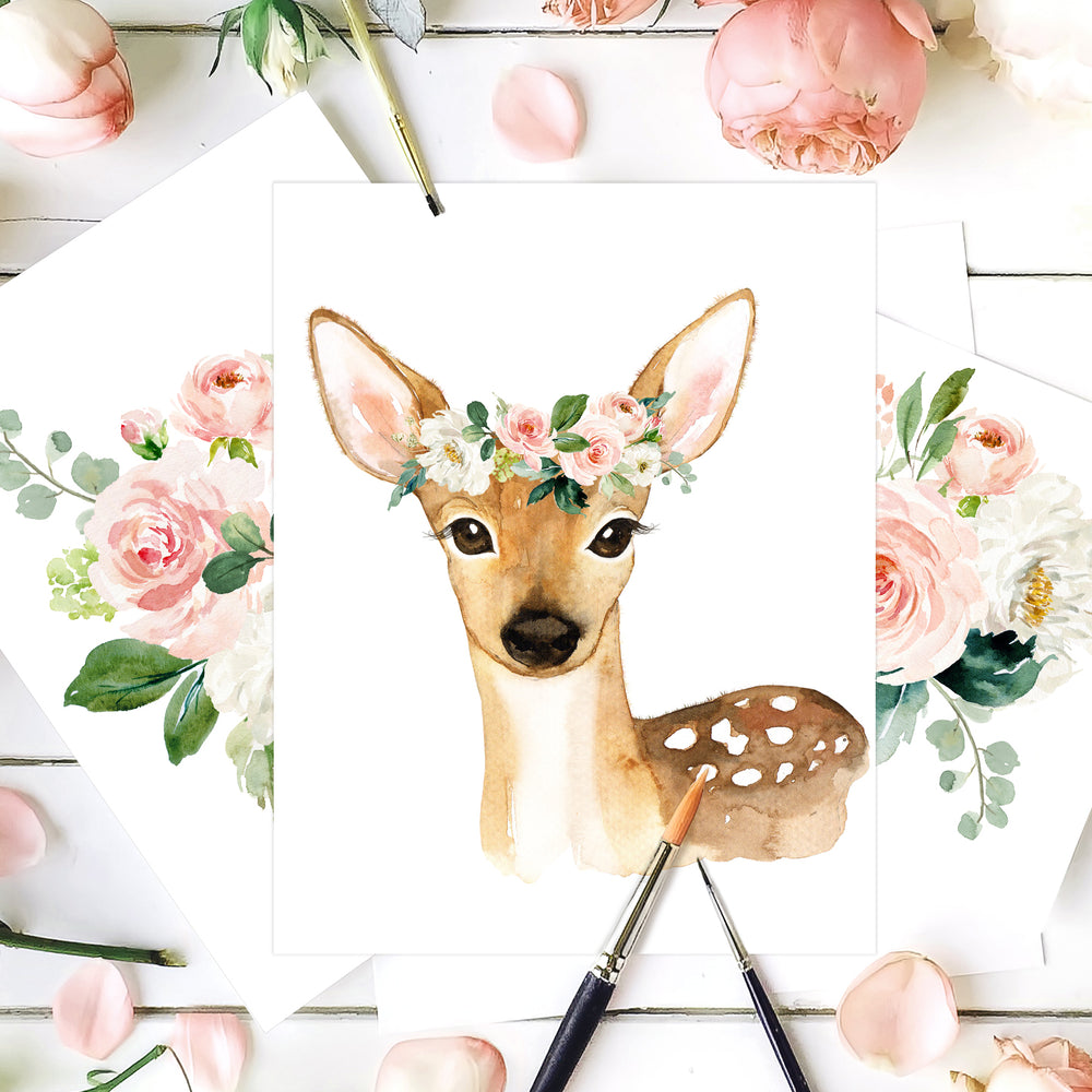 Woodland Nursery Art Girl - Watercolor Deer with Blush Pink And Mint Flower Crown - Boho Floral Woodland Nursery Decor For Baby Girl