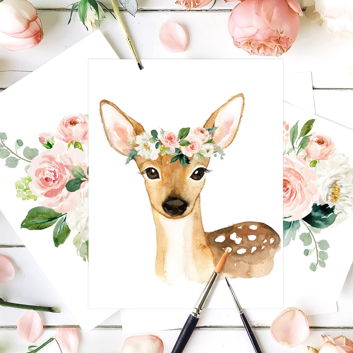 Woodland Nursery Art Girl - Watercolor Deer with Blush Pink Flowers