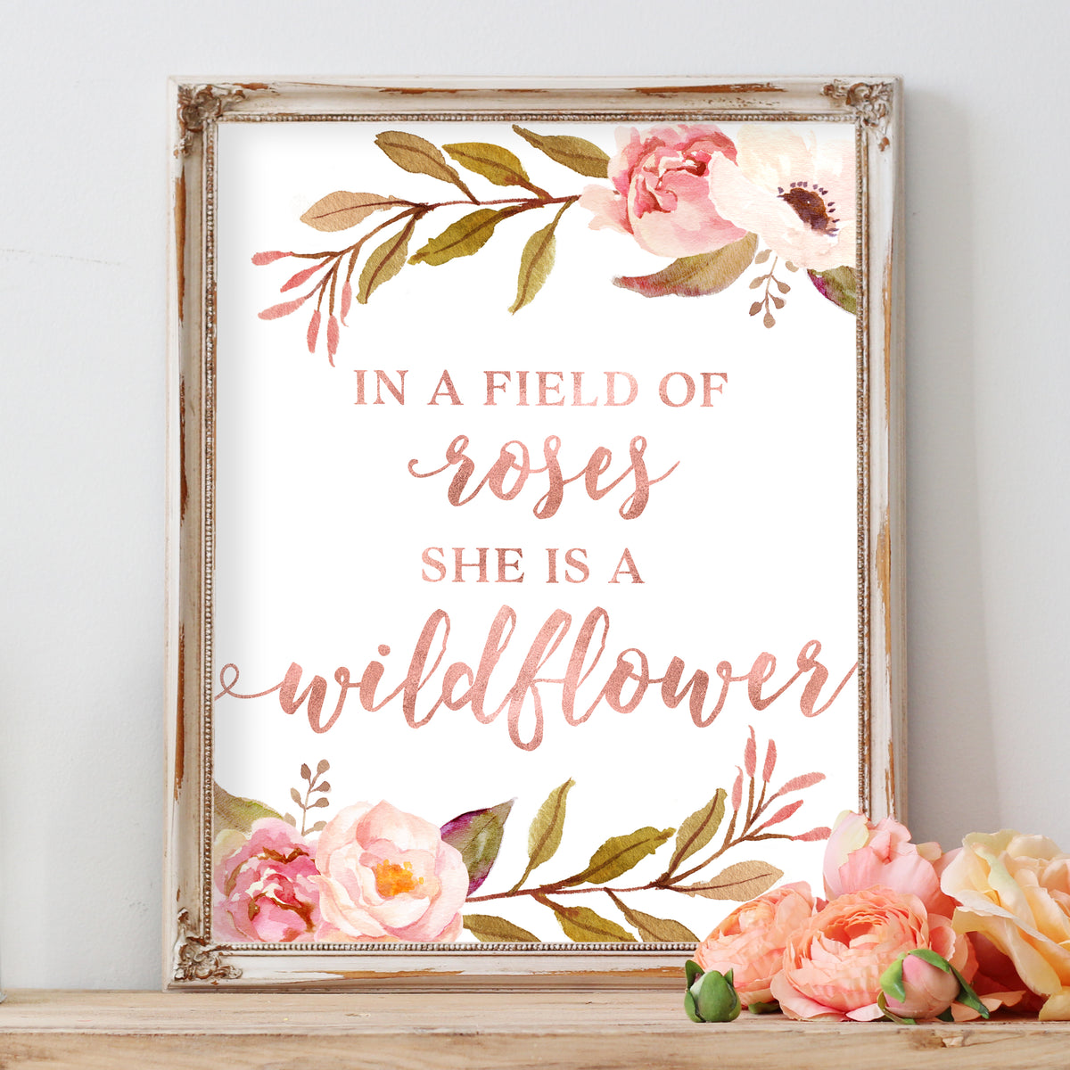 In A Field of Roses She Is A Wildflower Nursery Print by Adoren Studio