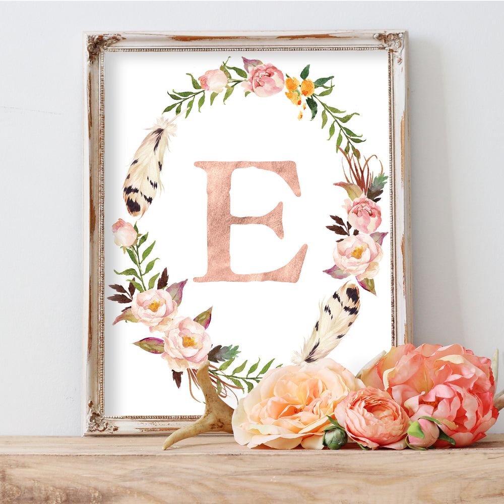 Tribal Rose Floral Monogram Wreath - Personalized Print