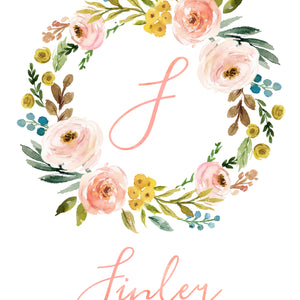 Meadowland Floral Monogram Wreath with Name - Personalized Print