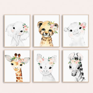 Blush Pink And Mint Nursery Decor - Watercolor Safari Animal Paintings