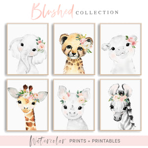 Blush Nursery Art - Animals with Pink and Mint Flowers - Boho Nursery Art